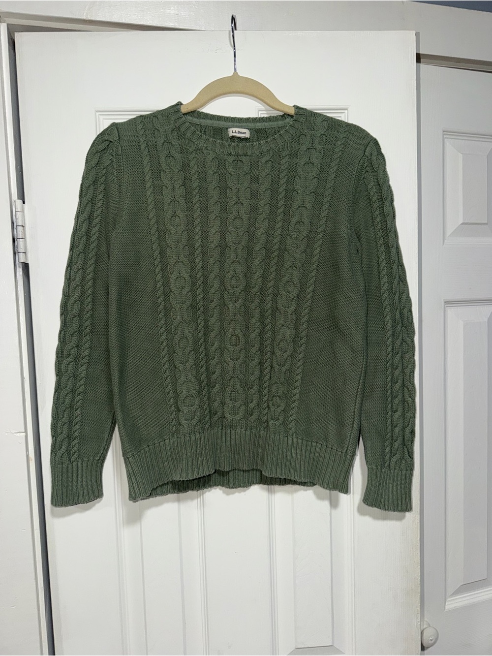 L.L. Bean Olive Cable Knit Crew Sweater